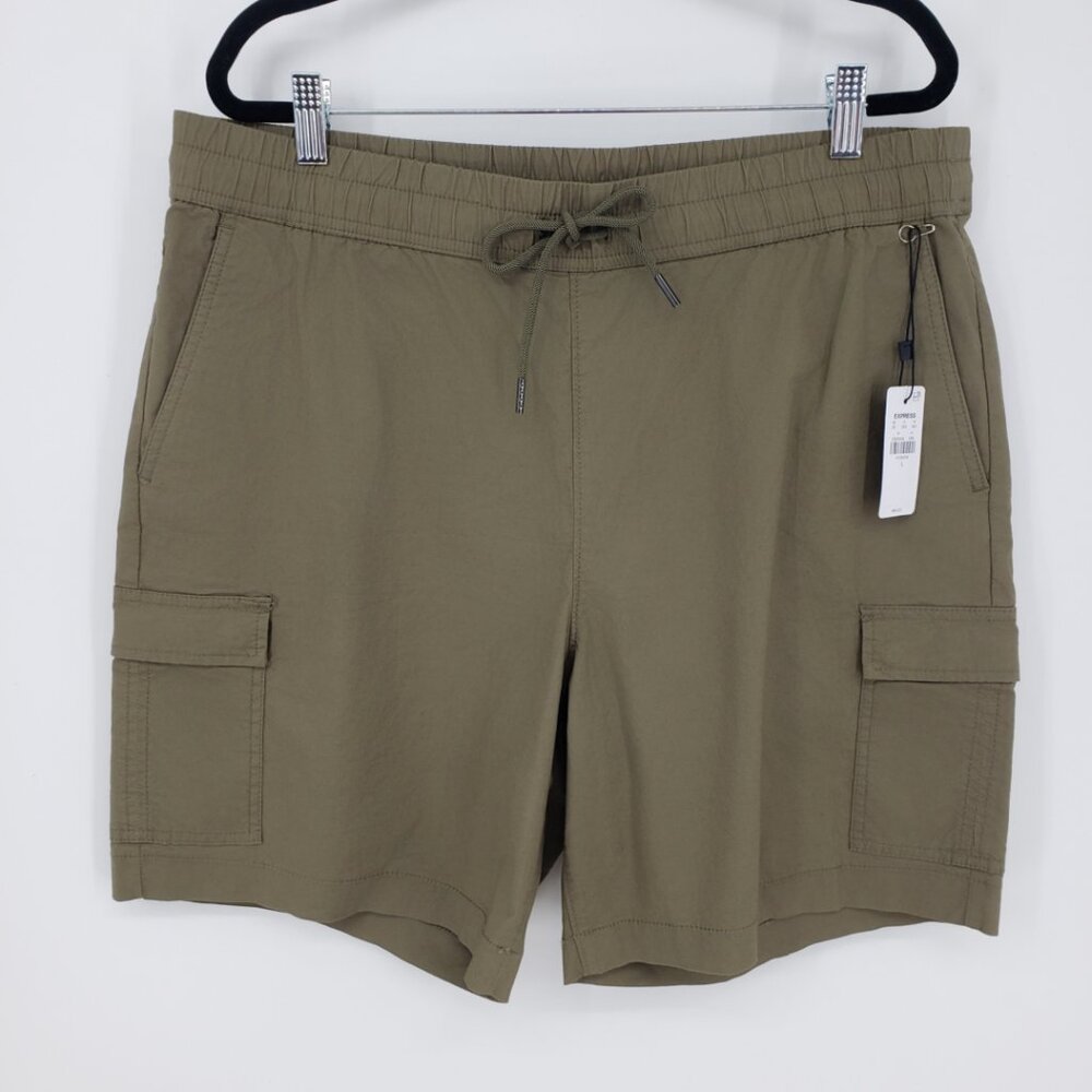 Express Pull on Cargo Shorts L Mens Elastic Drawstring Waist Cotton Olive Green